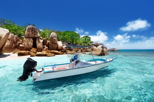 speed boat on the beach of Coco Island, Seychelles